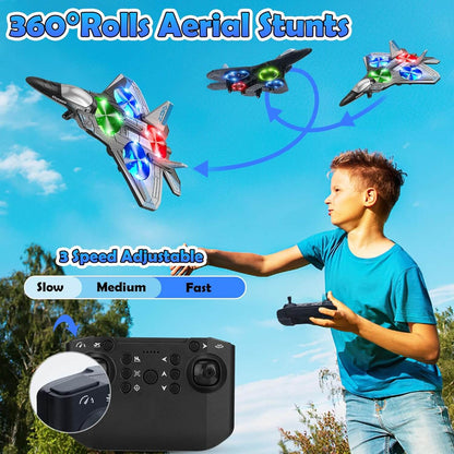 RC Stunt Fighter Jet with LED Lights – Anti-Collision Foam Drone