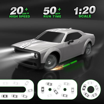 1:20 Scale 4WD High-Speed RC Drift Muscle Car (20km/h) with LED Lights & Extra Tires