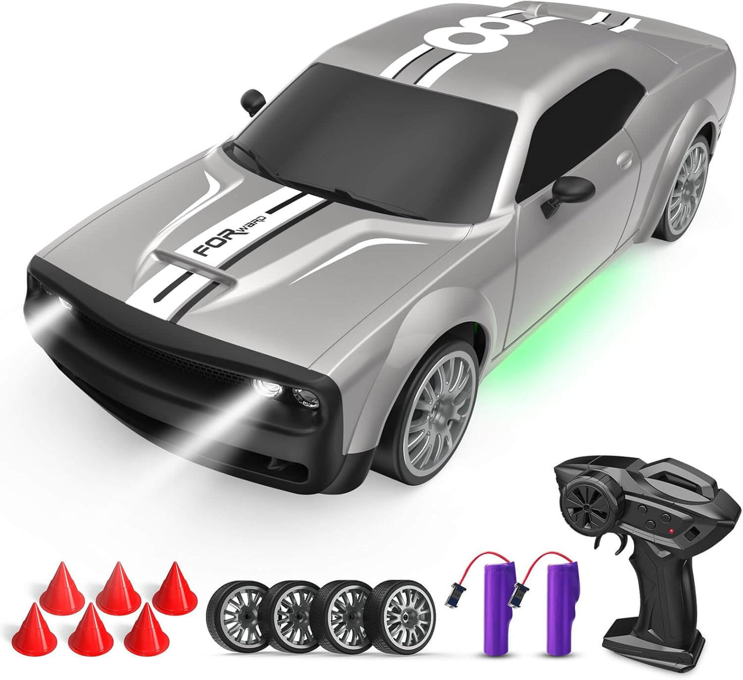 1:20 Scale 4WD High-Speed RC Drift Muscle Car (20km/h) with LED Lights & Extra Tires