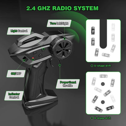 1:20 Scale 4WD High-Speed RC Drift Muscle Car (20km/h) with LED Lights & Extra Tires