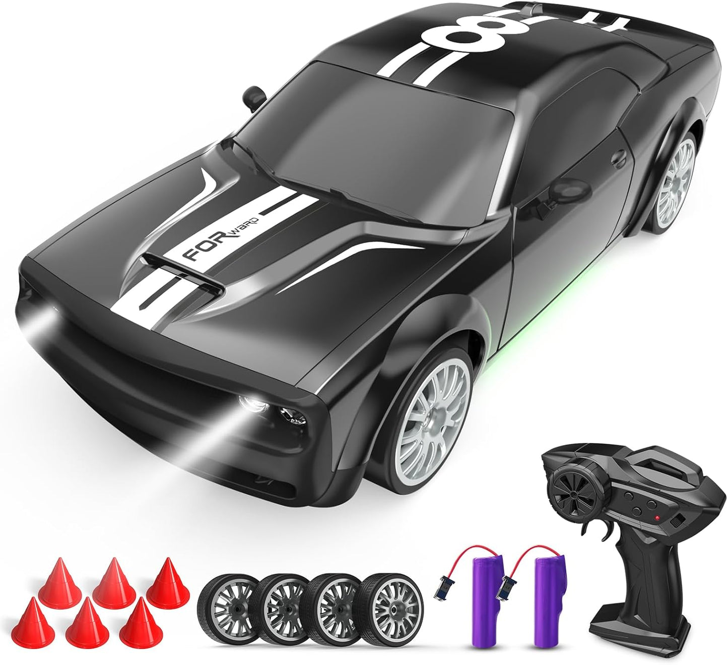 1:20 Scale 4WD High-Speed RC Drift Muscle Car (20km/h) with LED Lights & Extra Tires