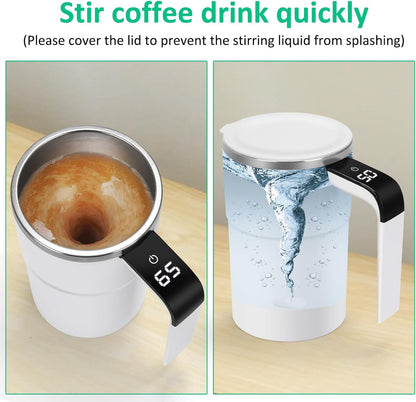 Self Stirring WHITE Mug. Auto Magnetic Coffee Mug with LED Display Temperature. Rechargeable Automatic Stirring Cup. 12oz Self Mixing Cup with Lid To Stir Coffee Mixed Milk at Desk Use